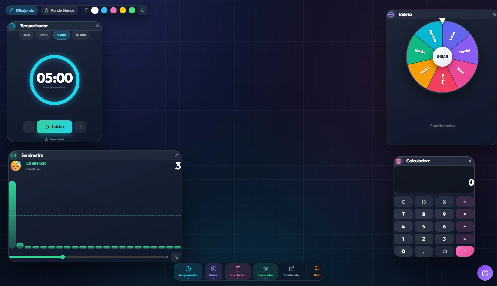 Aula Live proyectado en clase: temporizador, ruleta con nombres, sonómetro y calculadora.